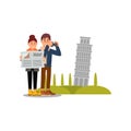 Tourists on vacation in Italy. Woman looking in map, man taking pictures with his camera. Leaning Pisa tower on Royalty Free Stock Photo