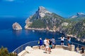 Tourists at vantage point with view Mirador Es Colomer on punta nau at cap formentor majorca mallorca. Balearic islands country of