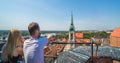 Tourists on the viewing platform looking at Torun Old town Royalty Free Stock Photo