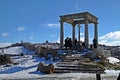 Tourists at the viewpoint of the Calvary of the Four Columns in Avila on a snowy winter day. Royalty Free Stock Photo