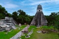 Tourists visit the Great Plaza del Tikal. View of the Temple of the Great Jaguar