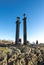 Tourists visit the most famous attraction in Stavanger, Sword in Rock monument