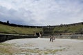 Tourists visit the Roman amphitheater inside the excavations of Pompei, during the reopening after the maintenance interventions o