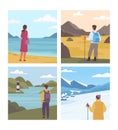 tourists visit the sights, interesting places cards. male and female characters admiring architecture cityscape. vector