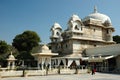 Tourists visiting beautiful palace at Jag Mandir island on Pichola lake in Udaipur city