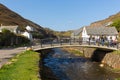 Tourists visiting Boscastle North Cornwall England UK between Bude and Tintagel on sunny blue sky day