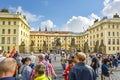 Tourists wait outside the courtyard of the Royal Palace for the changing of the guard at Prague Castlle Complex in Czechia