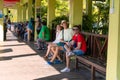 Tourists wait for the start of the tour at the boat station. Adventure on the island of Langkawi