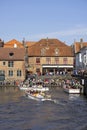 Tourists waiting in port at Rosary Quay for Boat trip for a water channel cruise, Bruges, Belgium Royalty Free Stock Photo