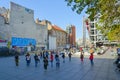 Tourists walk across Igor Stravinsky Square to modern avant-garde Stravinsky fountain Tinguely fountain, Paris, France Royalty Free Stock Photo