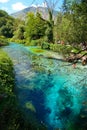 Tourists walk along the breathtaking turquoise colored river in national park.