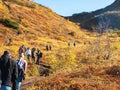 Tourists walk along the Vachkazhets ridge. Kamchatka Peninsula, Russia