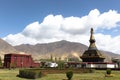 Tourists walk around black stupa in Samye monastery