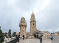 Tourists walk on the roof of the building, which houses the tomb of King David and see the sights in old city of Jerusalem, Israel Royalty Free Stock Photo