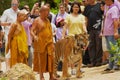 Tourists walk with tiger handled by Abbot Phra Acharn Phoosit Khantidharo in Tiger Temple Kanchanaburi, Thailand.