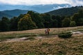 Tourists walk through the Ukrainian Carpathians, tourists carry heavy backpacks on their backs. Royalty Free Stock Photo