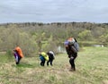 Narofominsky district, Moscow region, Russia, May, 02, 2021. Tourists walking along the bank of Protva river in Naro-Fominsky di