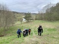 Narofominsky district, Moscow region, Russia, May, 02, 2021. Tourists walking along the bank of Protva river in Naro-Fominsky di