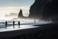 Tourists walking on the beach of Reynisfjara, Iceland, Silhouettes of tourists enjoying the black sand beach and ocean waves, AI