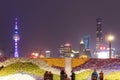 Tourists walking in the Bund, the most scenic spot in Shanghai. On background the most famous Chinese skyscrapers Royalty Free Stock Photo