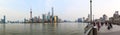 Tourists walking in the Bund, the most scenic spot in Shanghai. On background the most famous Chinese skyscrapers Royalty Free Stock Photo