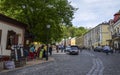 Tourists walking on the famous souvenir market in Andrew\'s Descent, Kyiv, Ukraine