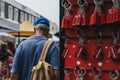 Tourists walking past a stand with souvenir key chain on sale at