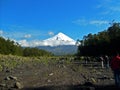 Tourists walking towards Chilean great vulcano