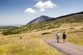 Tourists walking on trip, Czech mountains