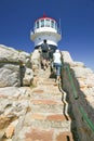 Tourists walking up steps leading to old Cape Point Lighthouse at Cape Point outside of Cape Town, South Africa