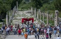 Tourists watch the Roman re-enactment show at the ancient site of Ephesus at Selcuk in Turkiye.