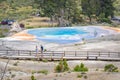 Tourists watching Mound Spring next to Liberty Cap in Mammoth Hot Springs area, Yellowstone Park.