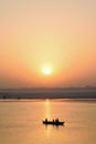 Tourists on wooden boats at Ganges river in Varanasi, India Royalty Free Stock Photo