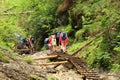 Tourists on wooden ladders in Slovak Paradise Royalty Free Stock Photo