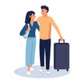 Tourists young couple going on travel with baggage. Flat cartoon vector illustration