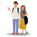 Tourists. Young man points to something. Surprised young woman looking for something.Element for an tourism and travel. Vector Royalty Free Stock Photo