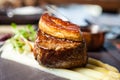 Tournedos Rossini. Foie gras, Black Angus beef tenderloin, white asparagus, red wine sauce. Delicious healthy Royalty Free Stock Photo