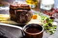 Tournedos Rossini. Foie gras, Black Angus beef tenderloin, white asparagus, red wine sauce. Delicious healthy Royalty Free Stock Photo