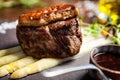 Tournedos Rossini. Foie gras, Black Angus beef tenderloin, white asparagus, red wine sauce. Delicious healthy Royalty Free Stock Photo