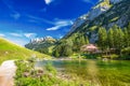 Tourquise clear Seealpsee with the Swiss Alps (mountain Santis), Appenzeller Land, Switzerland Royalty Free Stock Photo