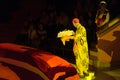 Tours of Moscow state circus named after Nikulin. Sad clown holds big birthday cake