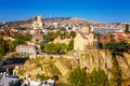 Aerial view from the top on the houses of Old Town of Tbilisi, Kura river and Sameba Cathedral Holy Trinity Georgia