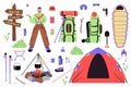 Toutism concept clipatrs. A set stuffs for trekking, camping and traveling in the wild. Vector. Cartoon flat style