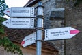 Toutist route information signs, in front of St Anna Church in Sobotka, Poland. Royalty Free Stock Photo