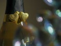 Tow golden hearts symbol of love on a neck of champagne bottle, abstract Saint Valentine background. Blurred glass in foreground Royalty Free Stock Photo