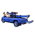 Blue Tow Truck Driver red uniform holding a paint of paint.Cartoon character Handy Man mechanic illustration plumber tow truck co