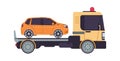 Tow truck. Cartoon evacuator. Side view of lorry carries automobile in trunk. Transportation faulty car. Vehicle for Royalty Free Stock Photo