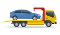 Tow truck city road assistance service evacuator. Tow truck delivers the damaged vehicle. Royalty Free Stock Photo