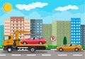 Tow truck. City road side assistance service. Royalty Free Stock Photo