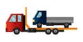 Tow truck. Cool flat towing truck with broken car. Truck repair service assistance vehicle with damaged or salvaged car